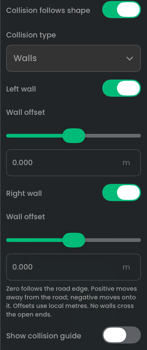 Path collision controls showing Collision follows shape, Walls, wall toggles, offsets, and Show collision guide.