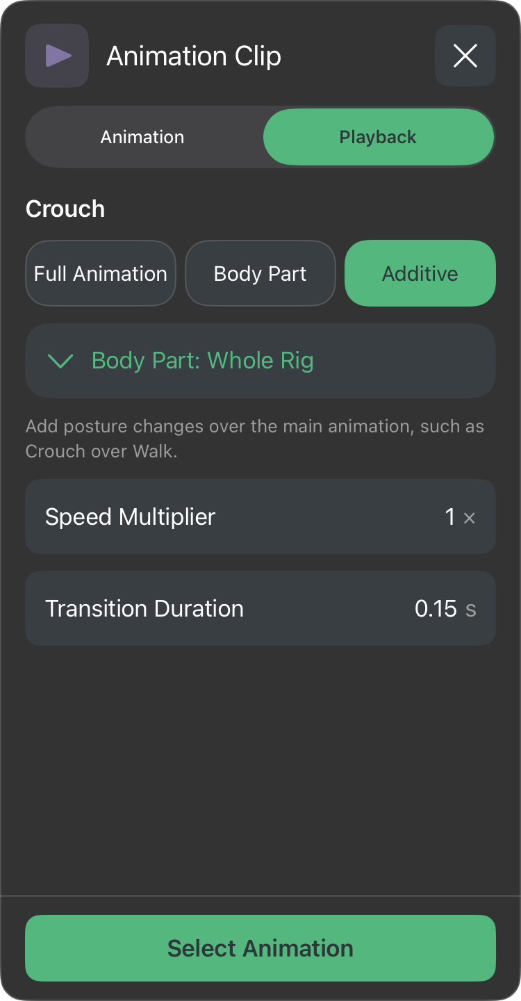 The compact animation picker keeps the playback modes and Body Part together.