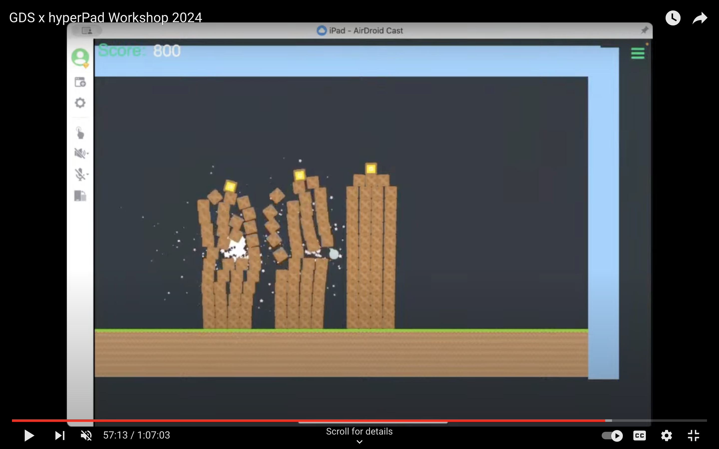 Snapshot from the live stream, with the Angry Birds-style game running