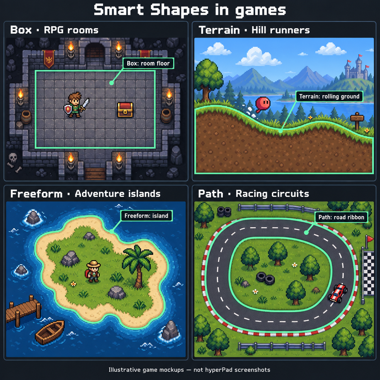 Four illustrated game mockups: a Box forms a rectangular RPG room floor, Terrain forms rolling ground in a hill runner, Freeform forms an irregular adventure island, and Path forms the road ribbon of a racing circuit. Mint outlines identify the Smart Shape in each scene.