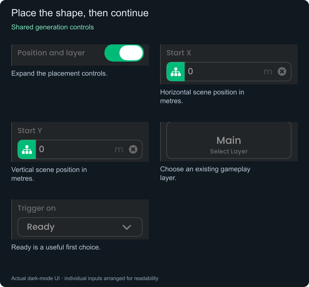 Actual Position and layer switch, Start X, Start Y, Layer, and Trigger on controls.