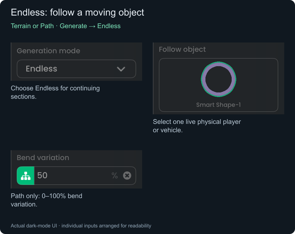 Actual Endless mode, Follow object selector, and Path Bend variation field.