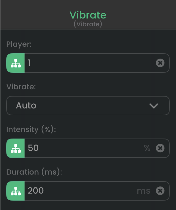 Vibrate’s native dark-mode properties, with Player 1, Auto, Intensity 50%, and Duration 200 ms.
