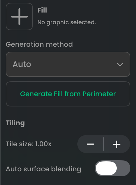 Empty Fill slot, Generation method, Generate Fill from Perimeter, Tile size, and Auto surface blending.