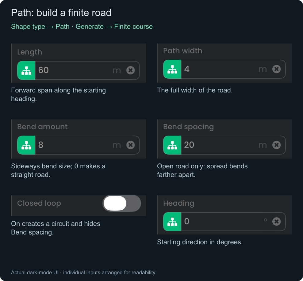 Actual finite Path Length, Path width, Bend amount, Bend spacing, Closed loop, and Heading inputs.