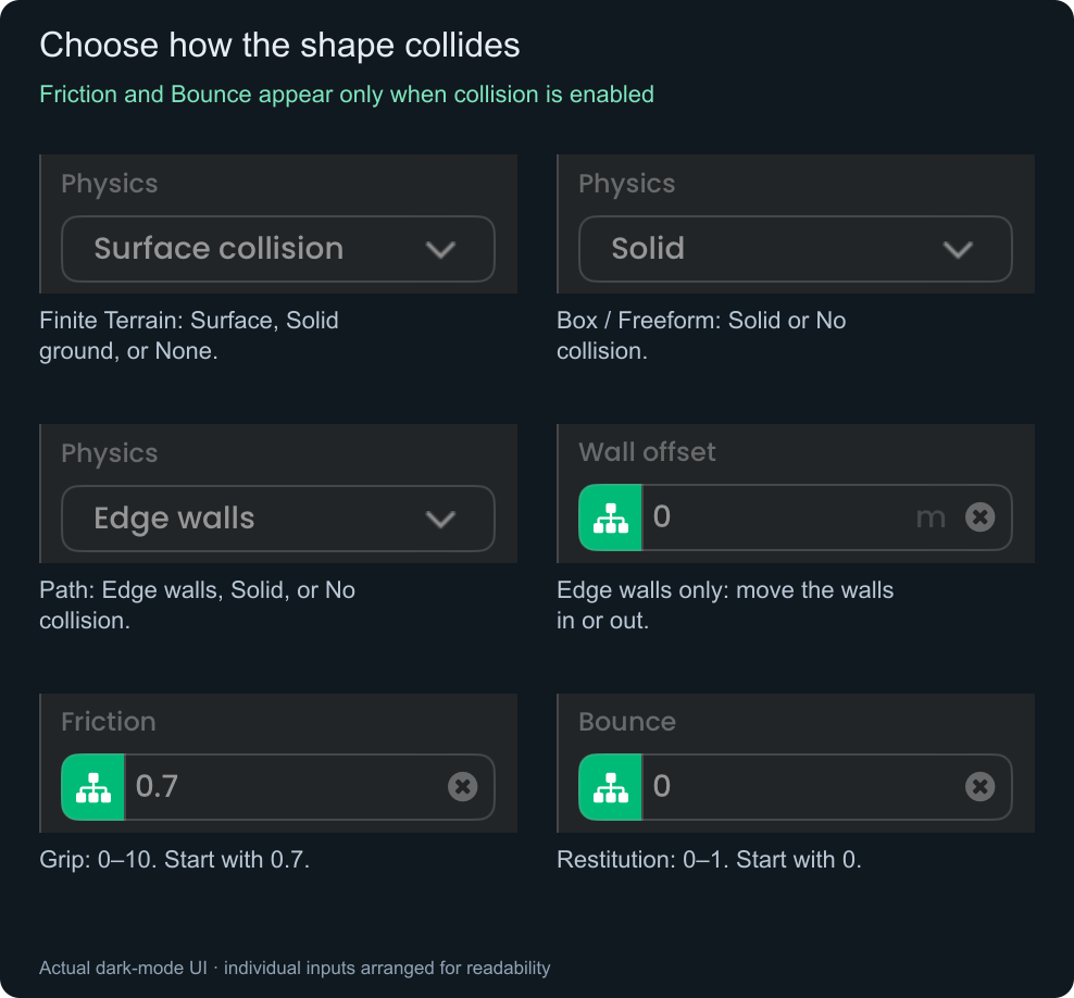Actual Terrain, area, and Path physics selectors, plus Wall offset, Friction, and Bounce fields.