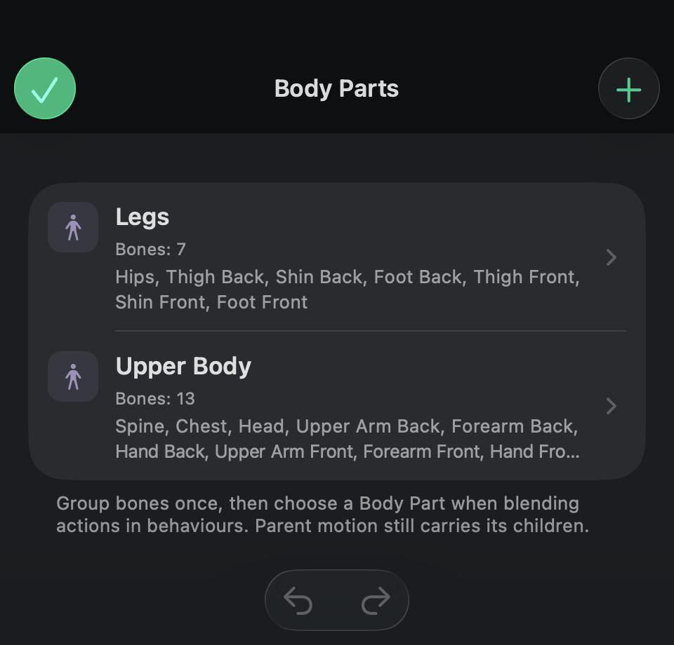 The dark-mode Body Parts list shows named groups, bone counts, and a preview of their members.