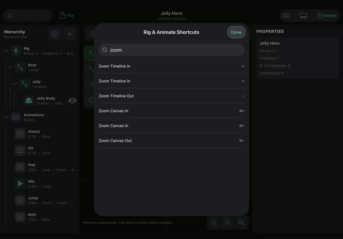 The native Rig & Animate shortcut reference filtered to zoom commands