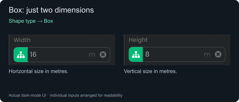 Actual Box Width and Height input fields.