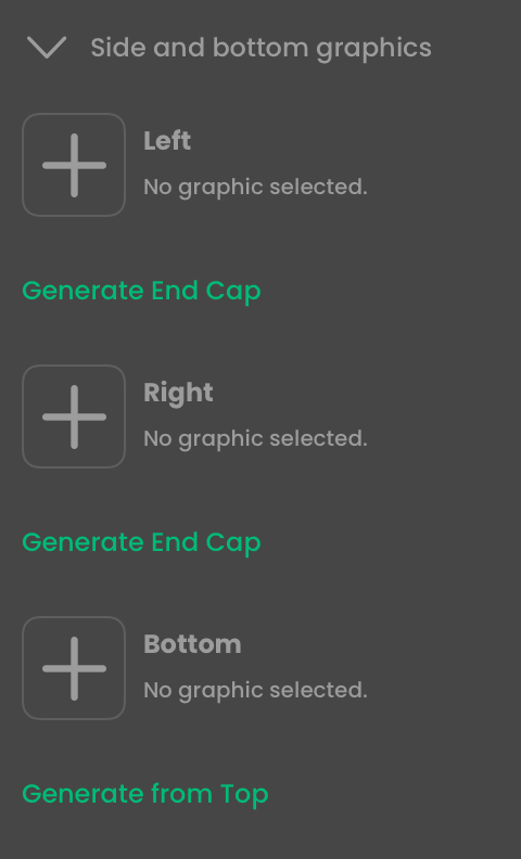 The dark-mode Side and bottom graphics controls, showing Left, Right, Bottom, and their generation buttons.