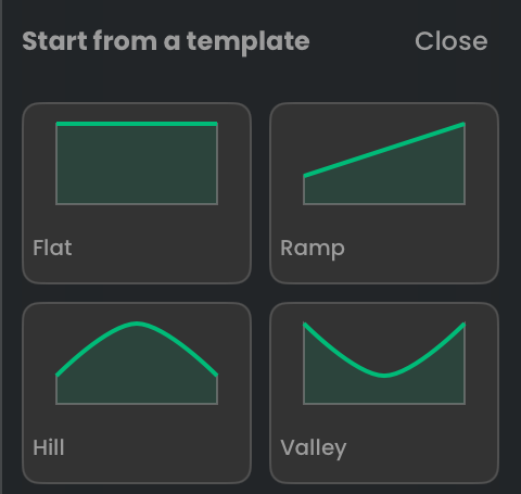 Terrain templates Flat, Ramp, Hill, and Valley.