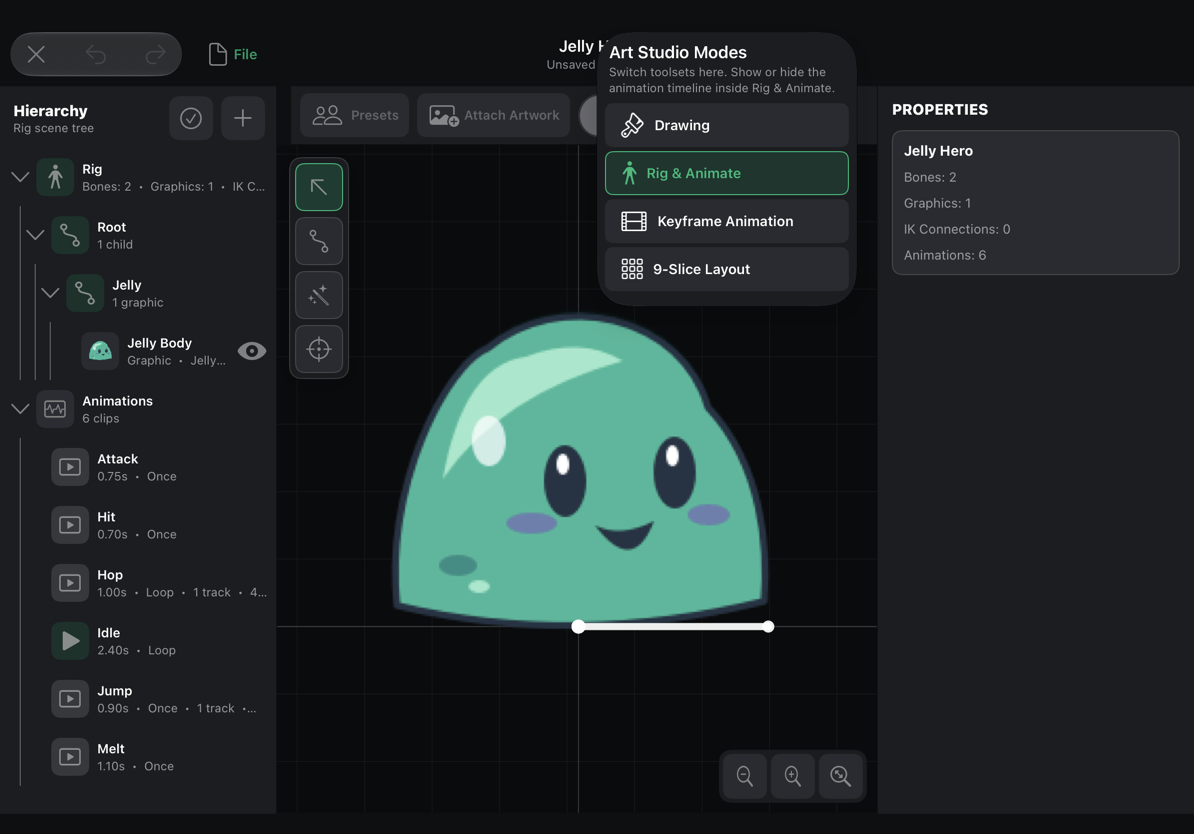 Modes offers Drawing, Rig & Animate, and the additional drawing modes.