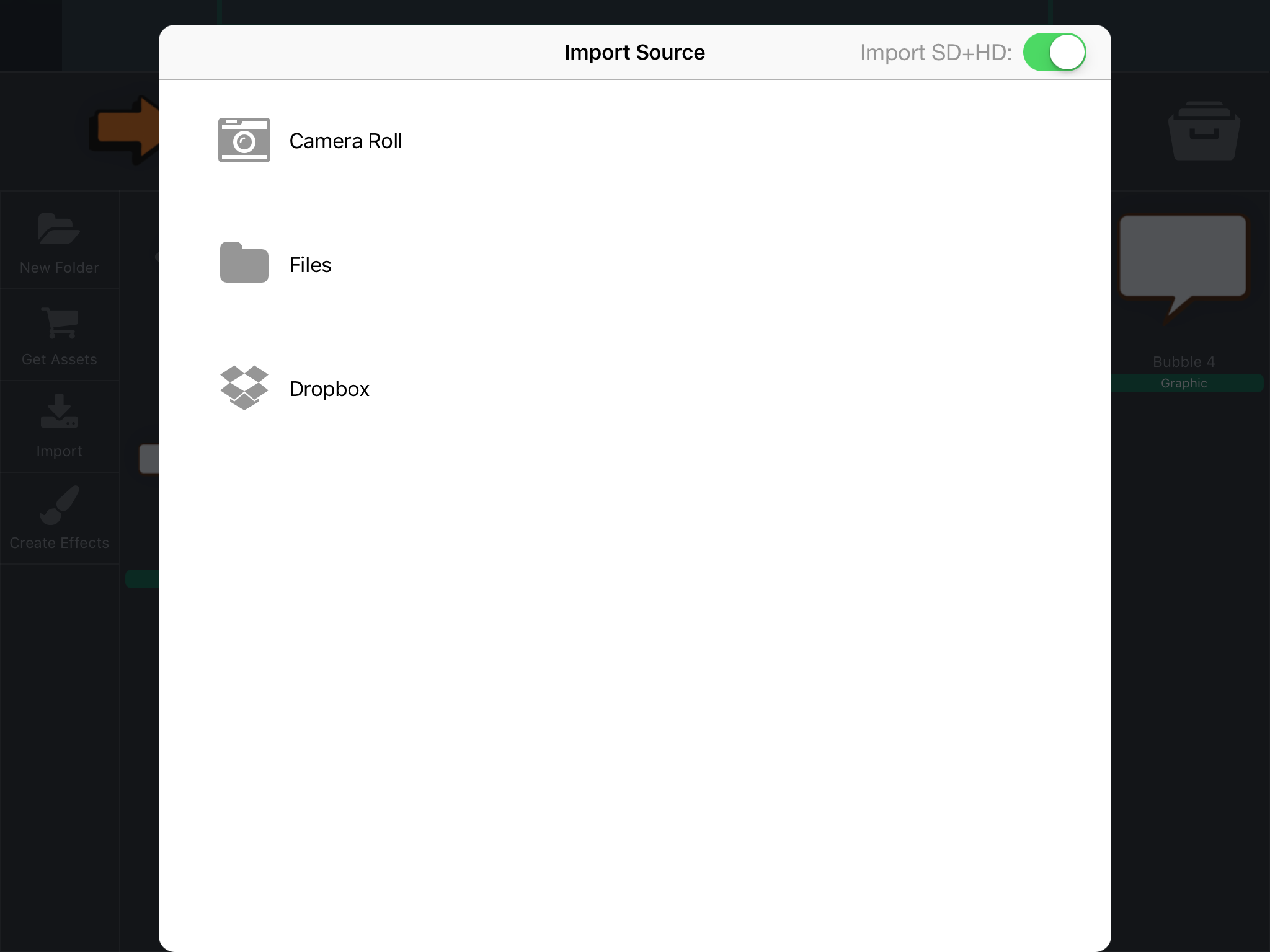 hyperPad Import Source menu showing Camera Roll, Files and Dropbox