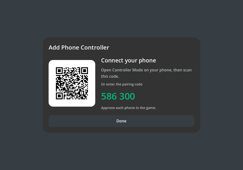 A browser game's dark pairing screen, with a six-digit code and QR code.