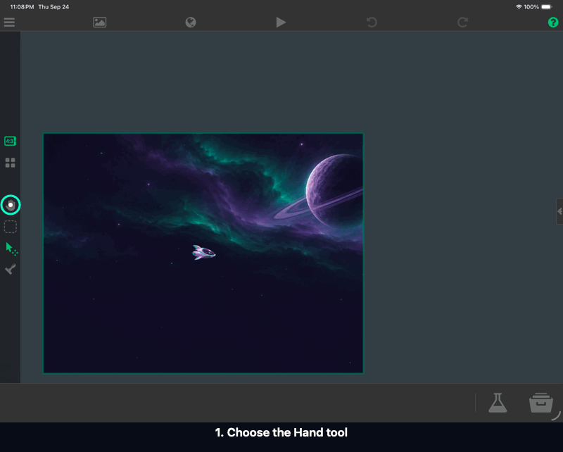 Using the Hand tool to pan the editor so the ship and green screen frame are visible