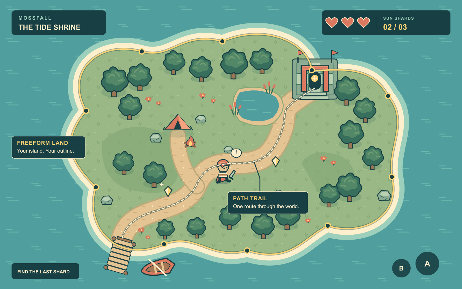 Illustrated top-down RPG scene with an overlay identifying a Freeform ground outline and a Path trail.