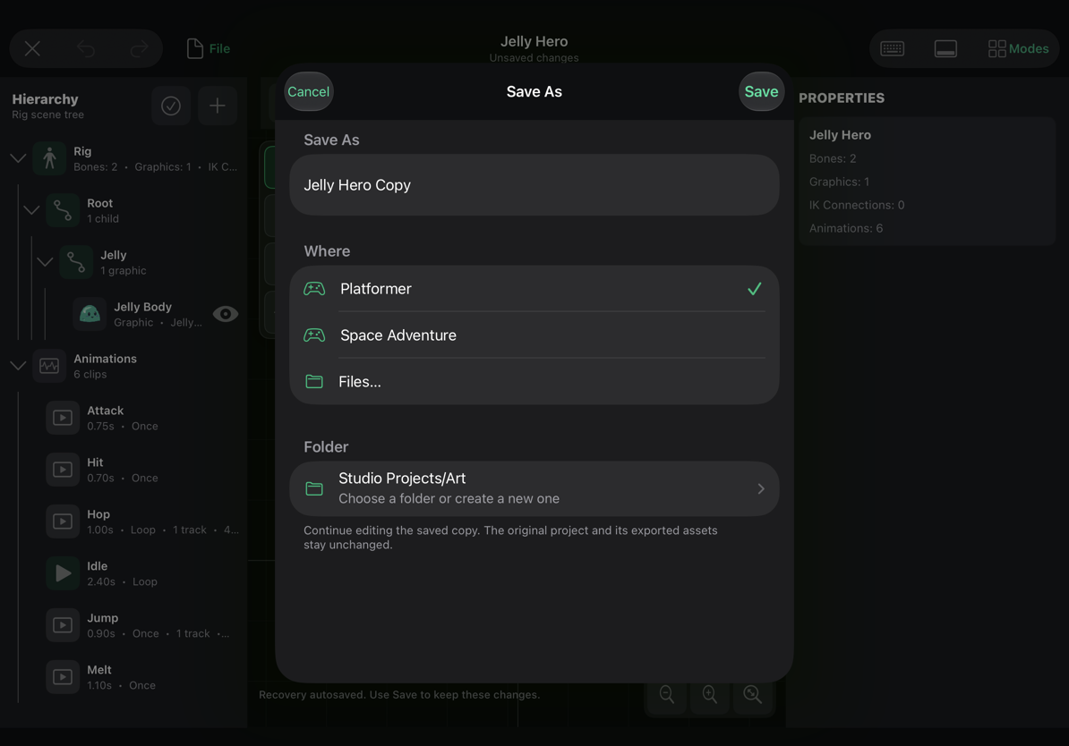 Save As with two example destination games and the Studio Projects/Art folder