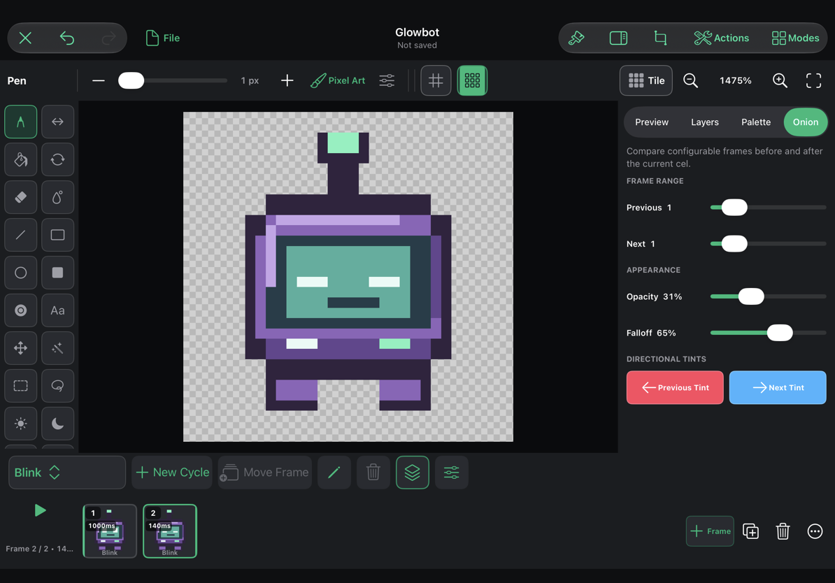 Onion-skin settings while editing the closed-eye frame