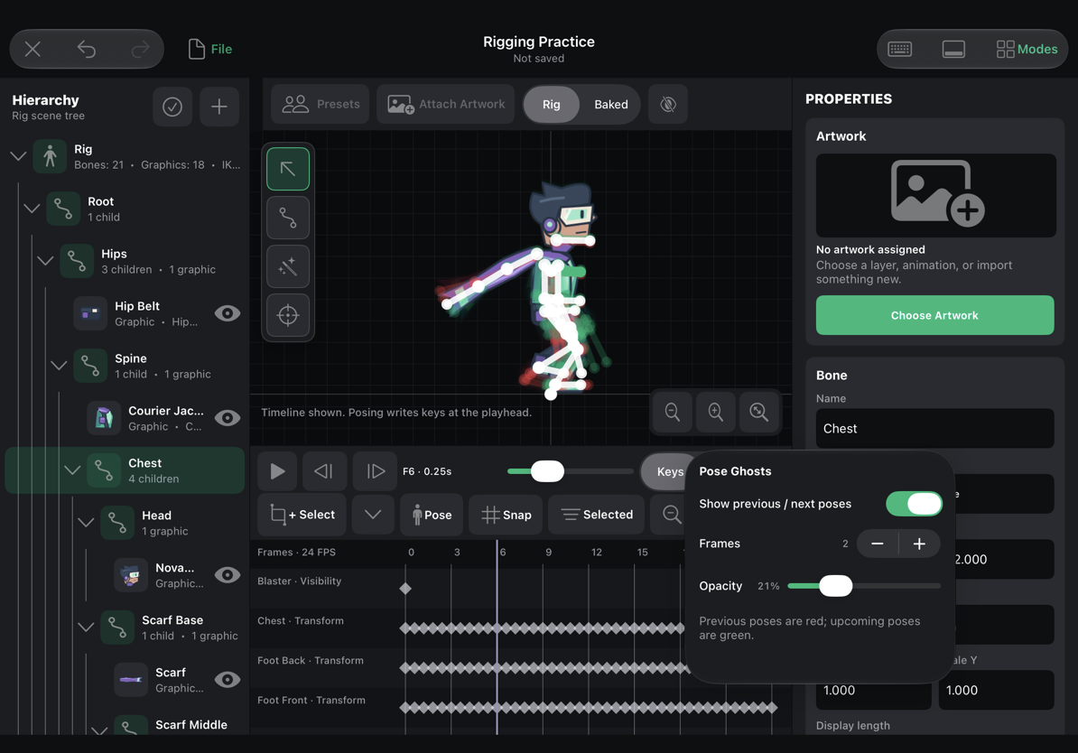 Pose Ghosts settings over the animated character