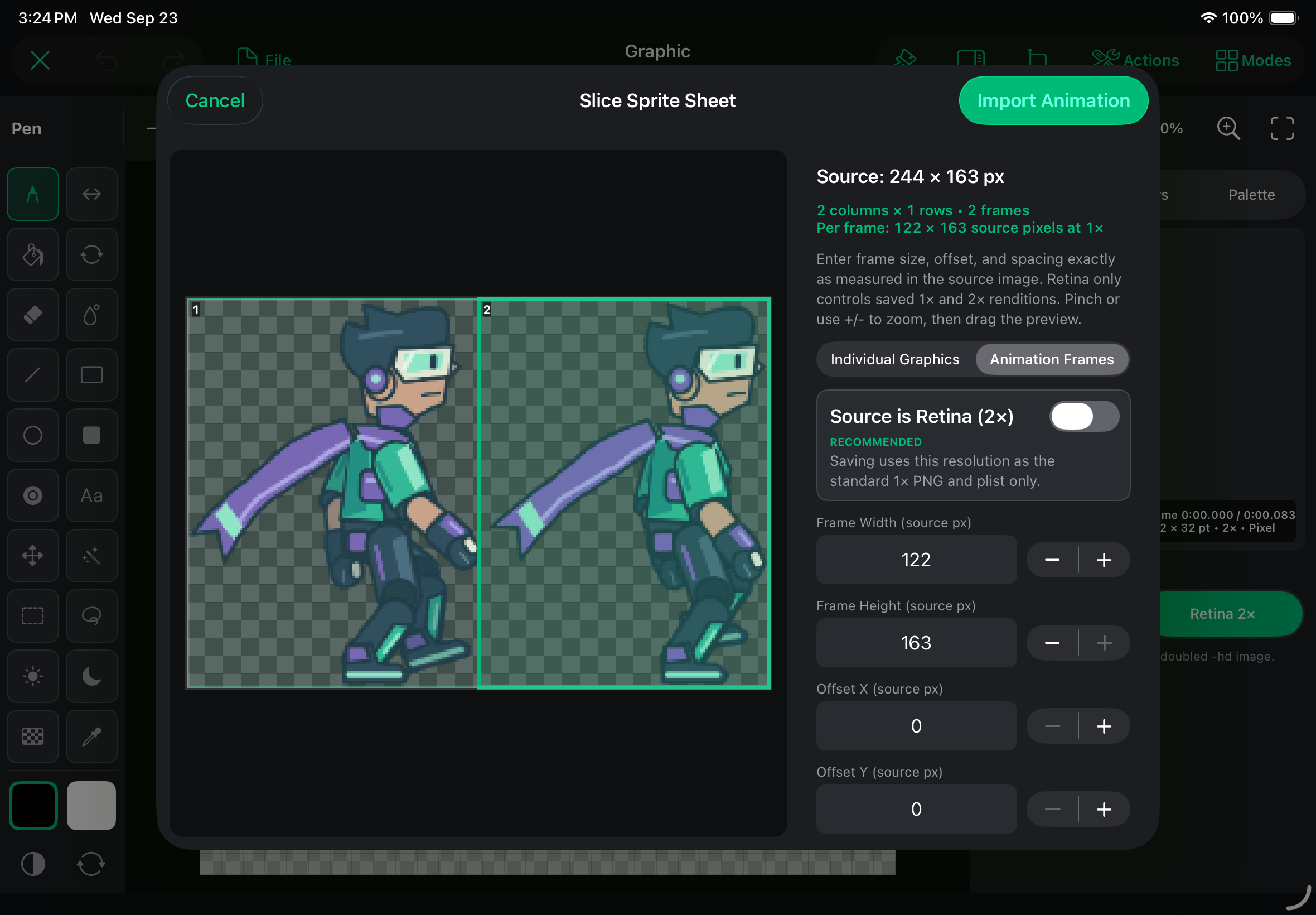 Art Studio’s Slice Sprite Sheet tool with a Nova character sheet loaded, green frame boundaries, and frame size controls visible.
