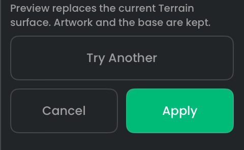 Terrain preview controls with Try Another, Cancel, and Apply.