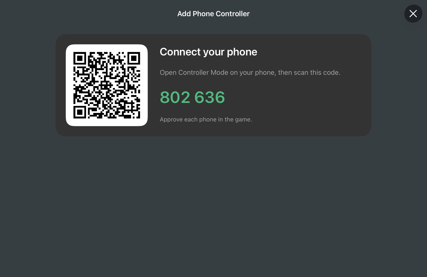 The native Add Phone Controller screen in dark mode, with a QR code and six-digit pairing code.