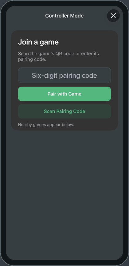 Controller Mode in a phone-sized dark layout, showing the pairing code field, Pair with Game, and Scan Pairing Code.