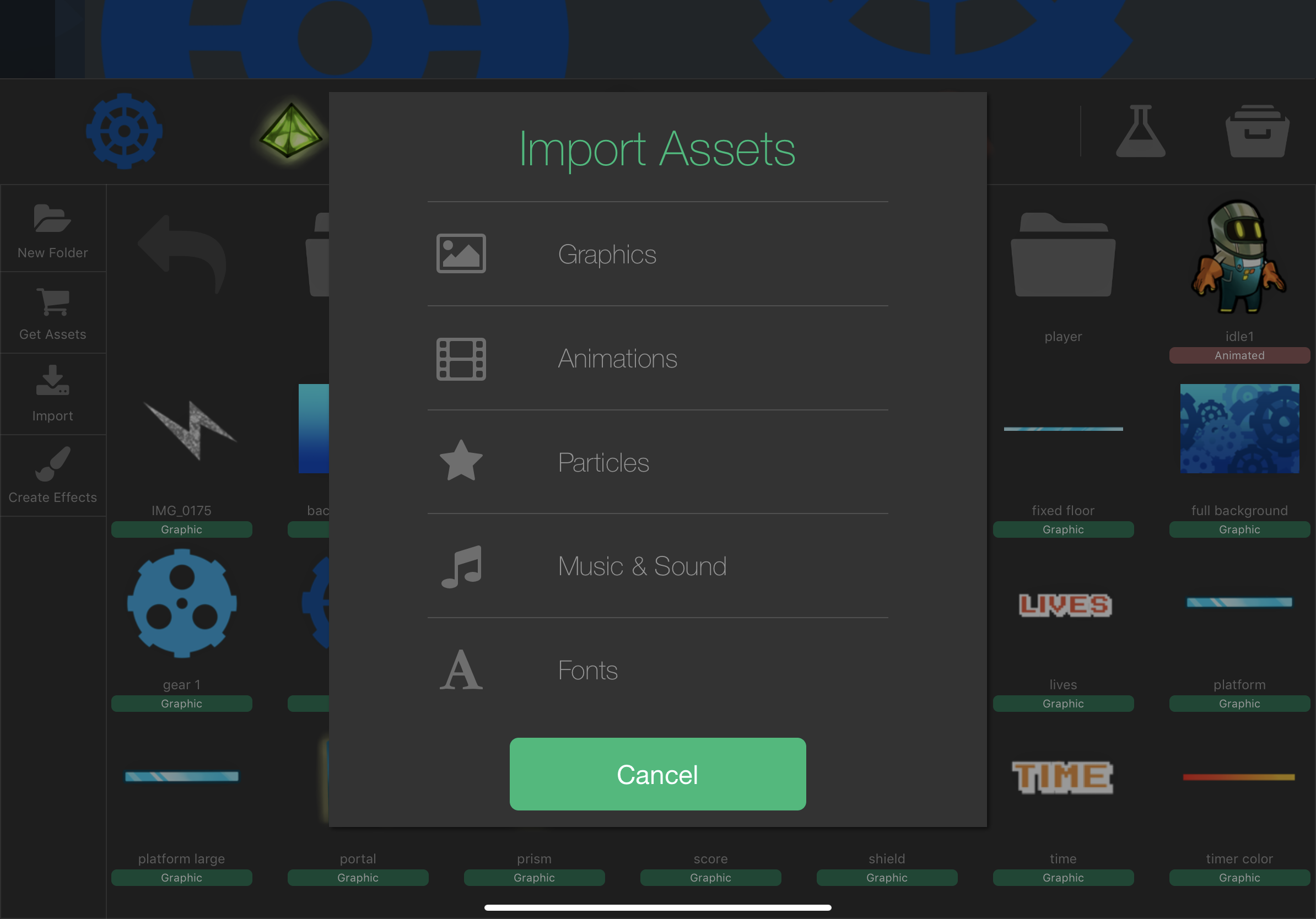 hyperPad Asset Library with the Import Assets menu and Graphics option