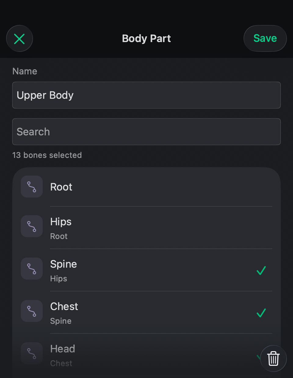 Body Part editing has a separate name field, searchable bone list, and selected count.