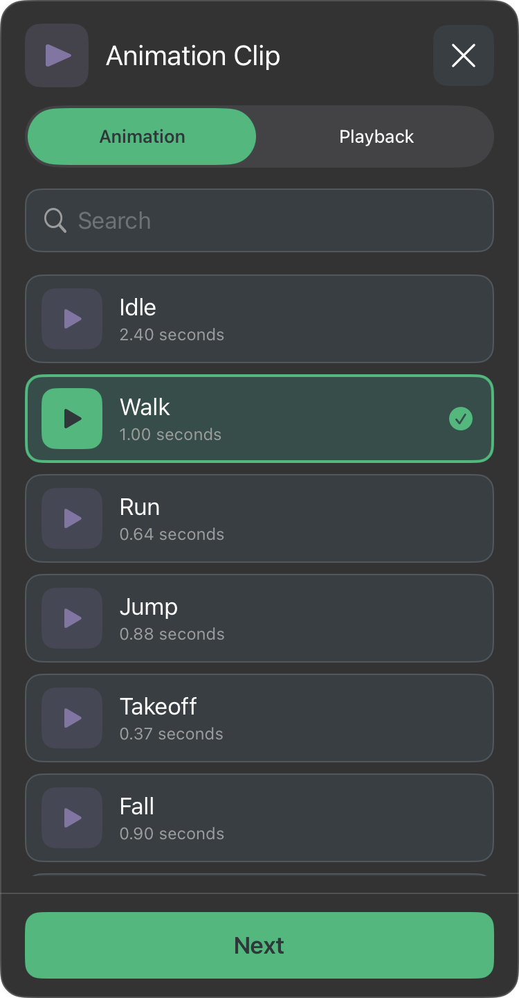The compact Animation page leaves more space for selectable cycles.