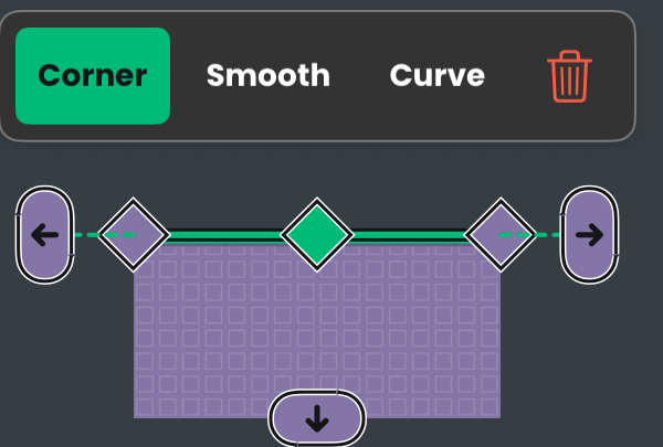 A selected green terrain point and the Corner, Smooth, Curve, and delete controls.