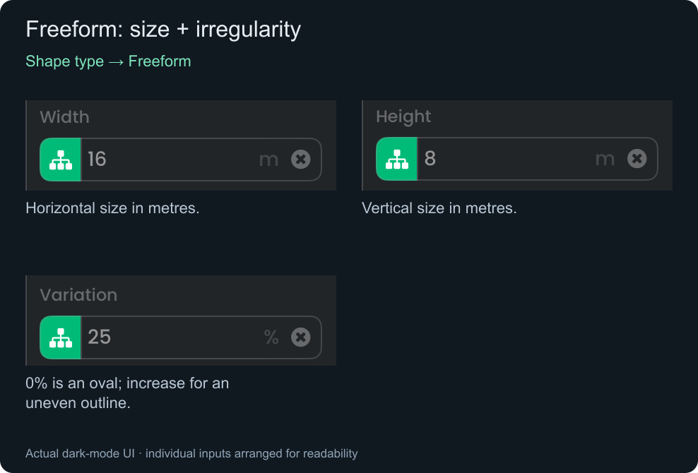 Actual Freeform Width, Height, and Variation fields.