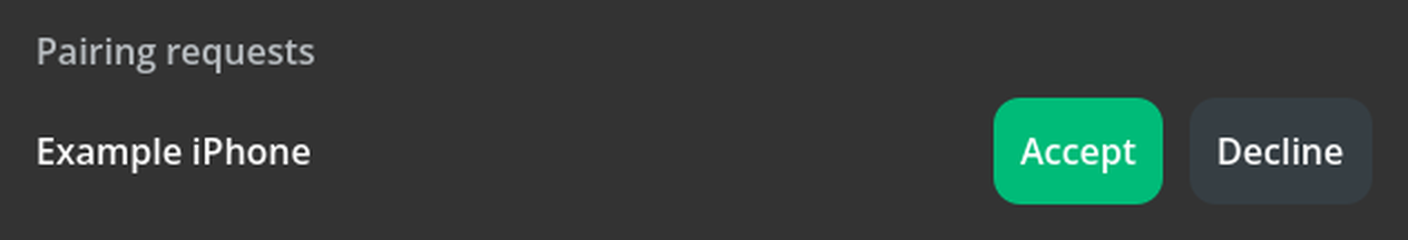 An example iPhone request in the browser pairing screen, with Accept and Decline buttons.