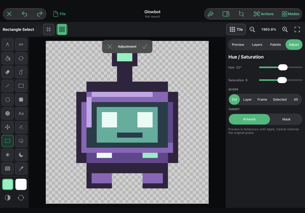 Hue and saturation preview with Apply and Cancel controls
