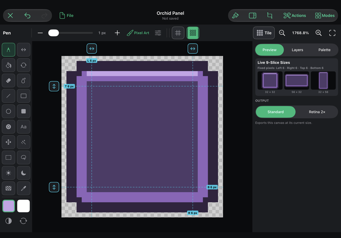 Four 9-slice guides and multiple preview sizes