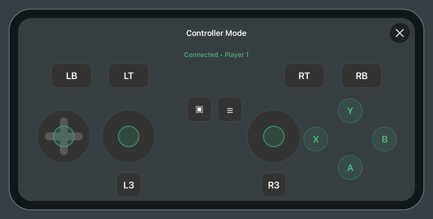 Controller Mode at phone proportions, connected as Player 1, with both thumbsticks, the D-pad, face buttons, shoulder buttons, triggers, stick buttons, and menu buttons.