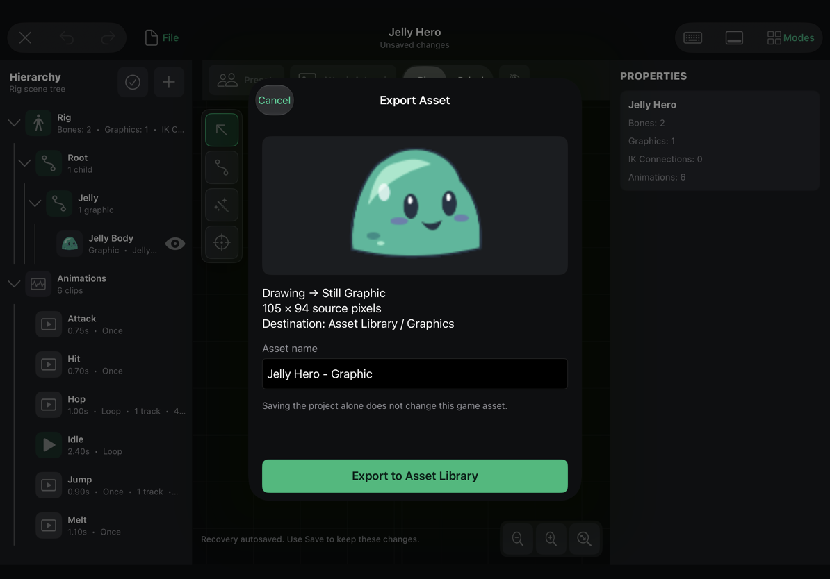 Still graphic export review with its name, preview, and destination