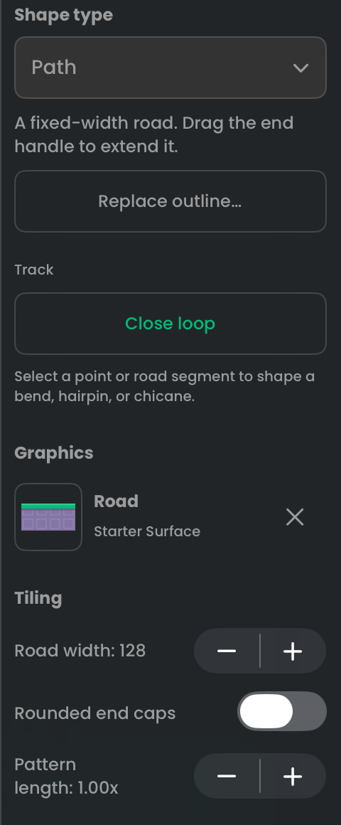 Path controls showing Close loop, Road artwork, Road width, Rounded end caps, and Pattern length.