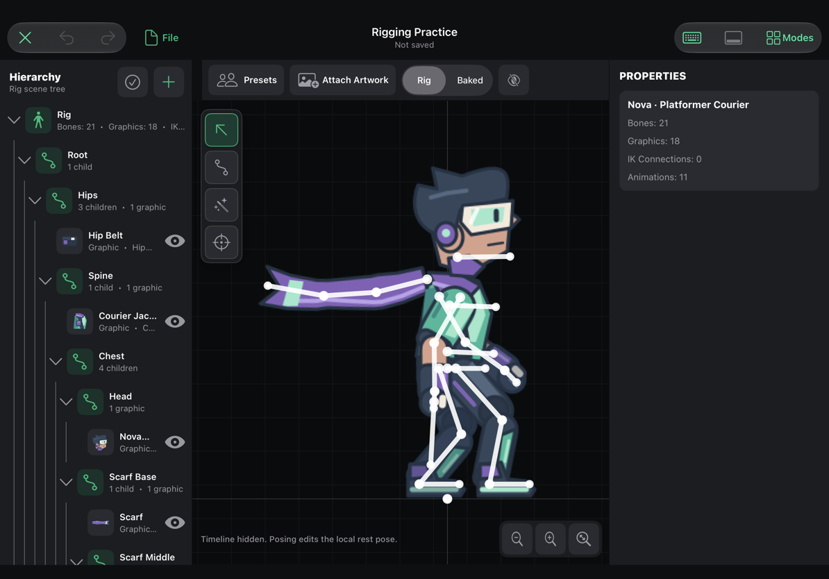 Rig workspace with the hierarchy, canvas, tools, and inspector