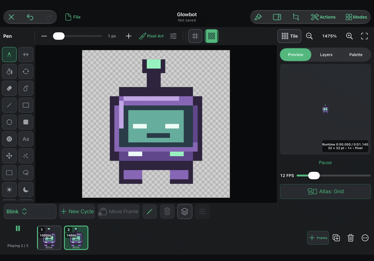 Glowbot blinking in the actual Art Studio timeline