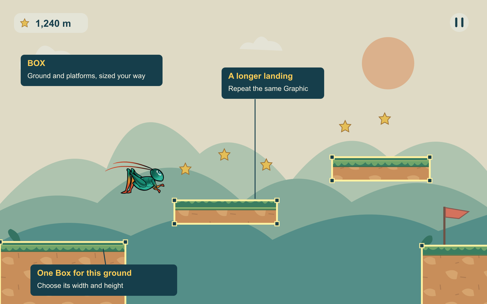 Illustrated side-view platform game with an overlay identifying Box ground and floating platforms.