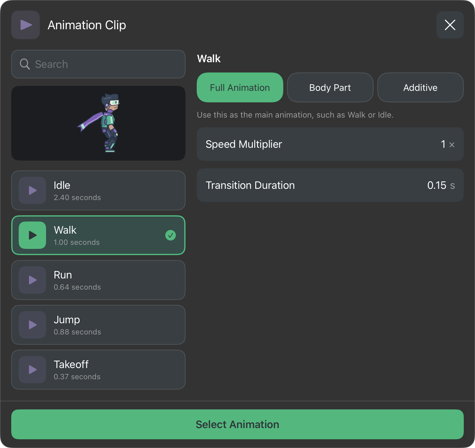 Walk uses Full Animation as the main movement cycle.