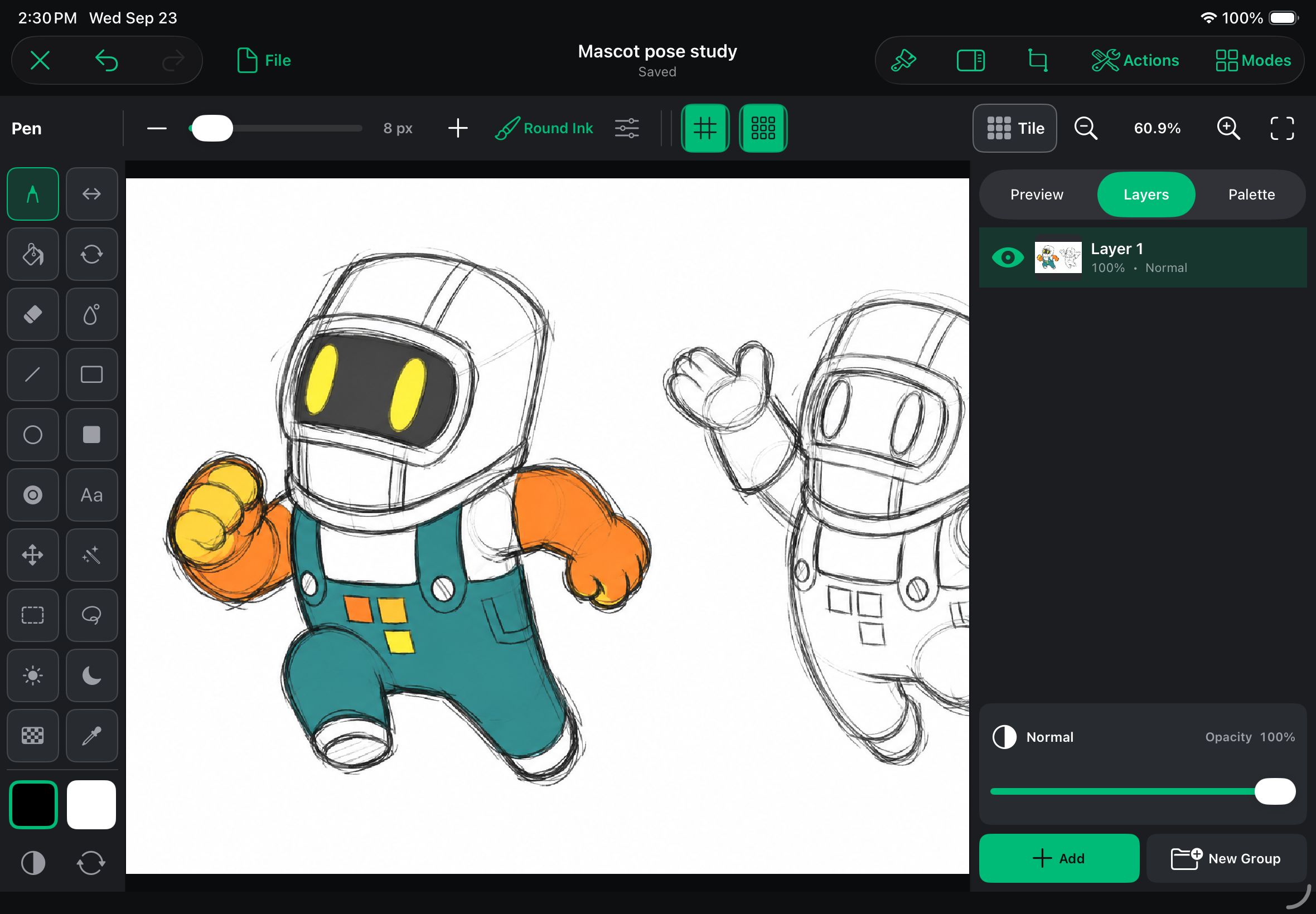An unfinished hyperPad mascot pose study on the Art Studio canvas, with one partly colored pose and another mostly in sketch lines.