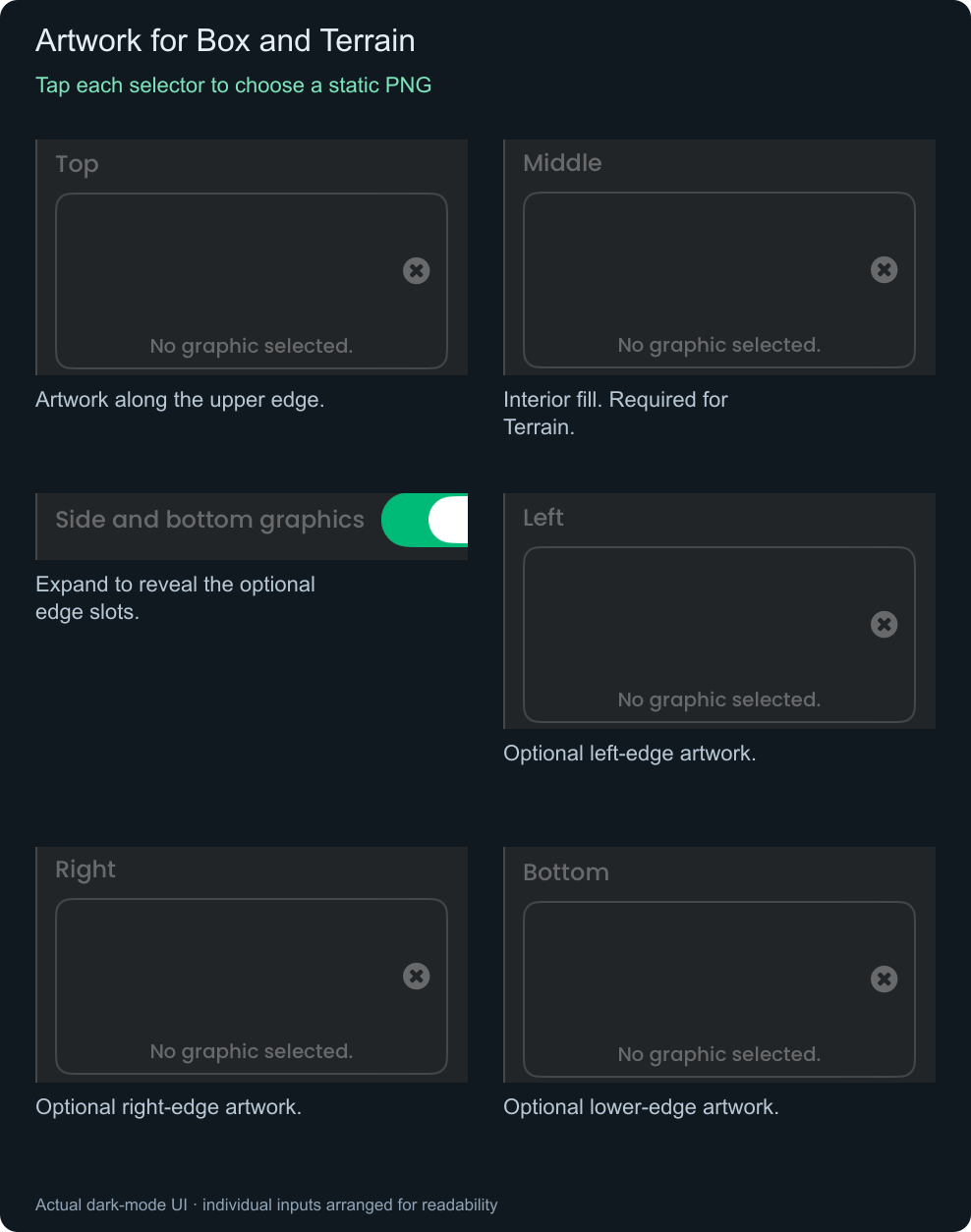 Actual Top, Middle, Left, Right, Bottom, and Side and bottom graphics controls.