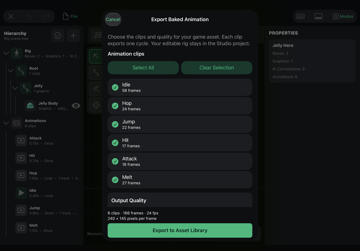 Baked export with clip selection and per-clip frame counts